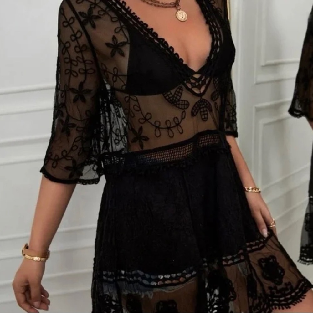 Bohemian Embroidered Floral Lace Sheer Mesh Top Swimsuit Coverup - Picture 4 of 8